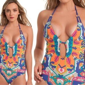 Trina Turk Tapestry Plunge One Piece Bathing Suit.  Size 8
